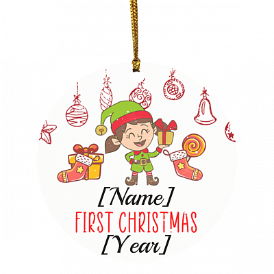 Personalized Baby Girl ELF First Christmas 2020 Decorative Christmas Ornament - Holiday Flat Circle Ornament, White, Circle Ornament