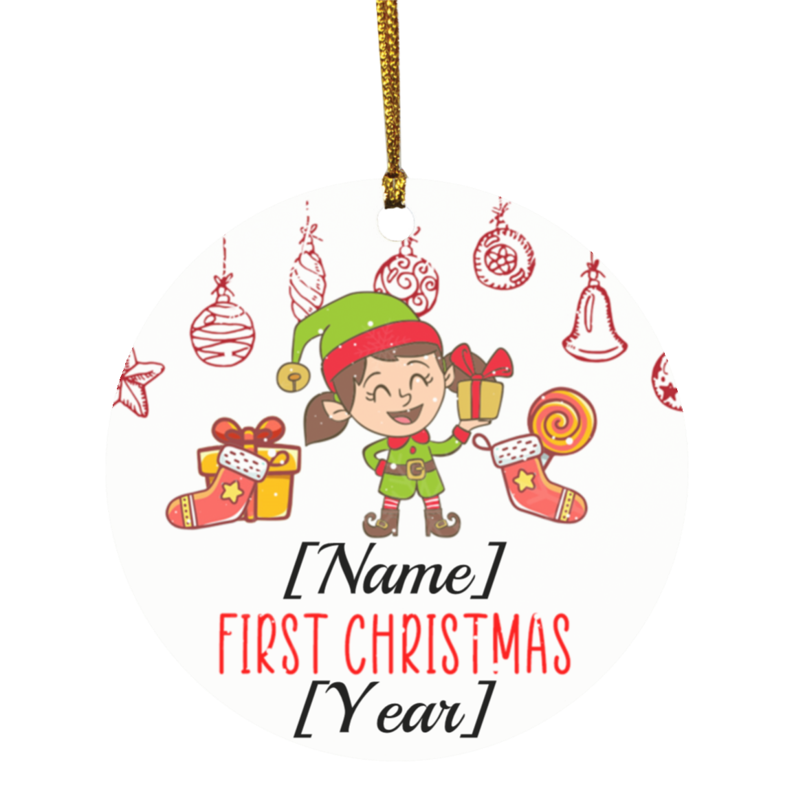 Personalized Baby Girl ELF First Christmas 2020 Decorative Christmas Ornament - Holiday Flat Circle Ornament, White, Circle Ornament