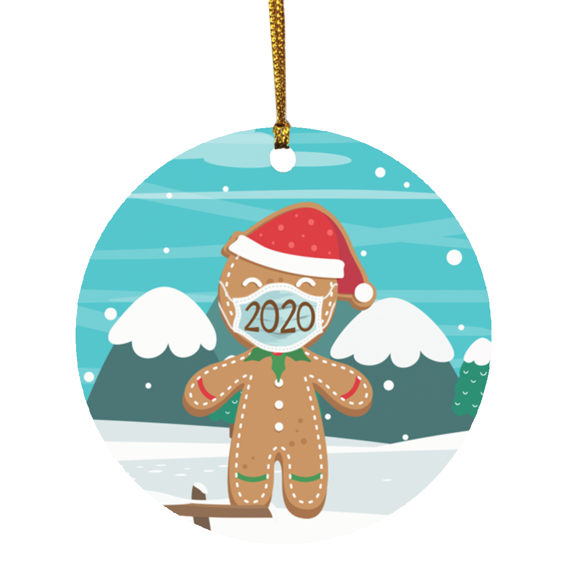 Funny Gingerbread Wearing Mask Santa Pandemic Christmas 2020 Quarantine Holiday Hanging Tree Circle Ornament, White, Circle Ornament