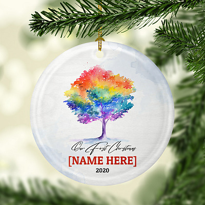 Alternative view of Personalized Our First Christmas Married Rainbow Tree 2020 Circle Ornament - Newlywed Holiday Keepsake
