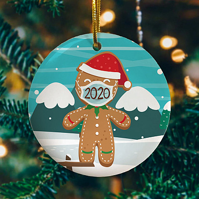 Alternative view of Funny Gingerbread Wearing Mask Santa Pandemic Christmas 2020 Quarantine Holiday Hanging Tree Circle Ornament