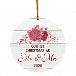 First Christmas Married Mr & Mrs Decorative Christmas Ornament - Holiday Flat Circle Ornament, White, Circle Ornament