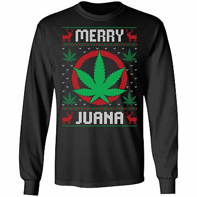 Merry Juana Hoodie - Sweatshirt - Long Sleeve Shirt - Funny Cannabis Christmas Shirt, Black, Long Sleeve