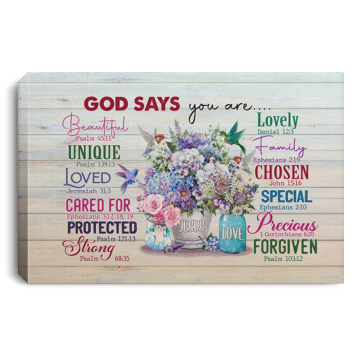 Hummingbirds God Says Your Are Beautiful Unique Loved Gallery Wrapped Framed Canvas Prints - Unframed Poster, White, 0.75'' Framed Canvas