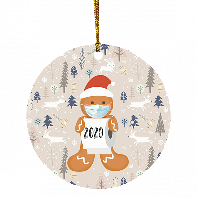 Gingerbread Wearing A Mask Decorative Christmas Ornament - 2020 Pandemic Lockdown Holiday Ornament, White, Circle Ornament