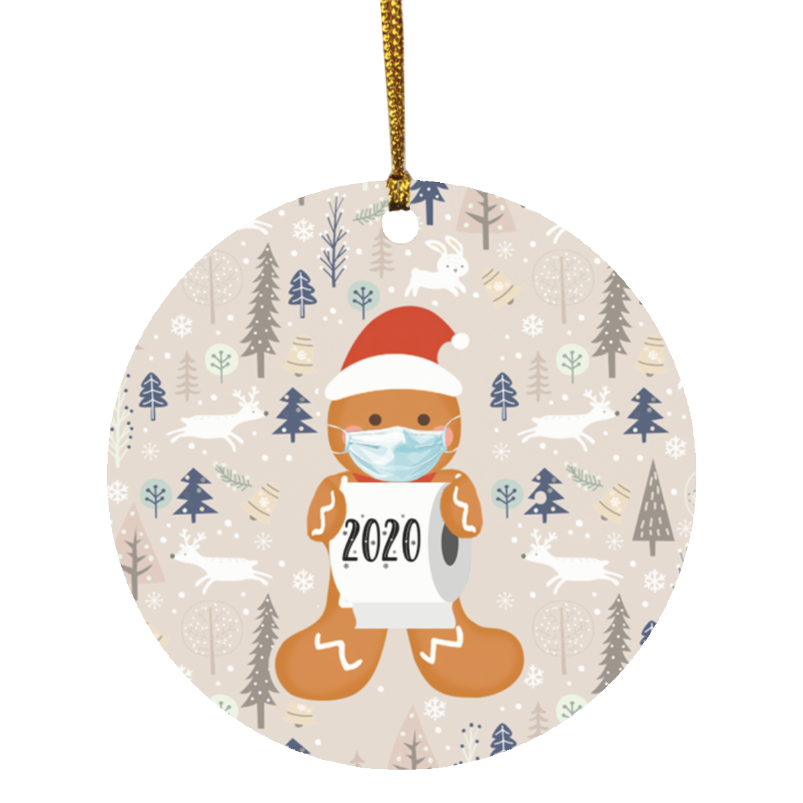 Gingerbread Wearing A Mask Decorative Christmas Ornament - 2020 Pandemic Lockdown Holiday Ornament, White, Circle Ornament