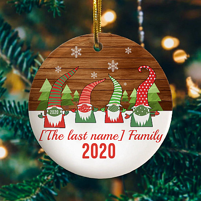 Alternative view of Personalized Gnomes Family Wearing Mask Funny Christmas Holiday Flat Circle Ornament Keepsake