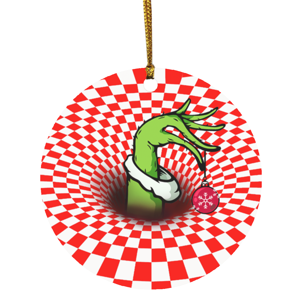 Optical Illusion 3d Green Hand Christmas Character Ornament - Holiday Decorative Flat Circle Ornament, White, Circle Ornament