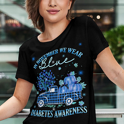 Alternative view of In November We Wear Blue Truck Diabetes Awareness Month Gifts T-Shirt - V-neck - Diabetes Awareness Ribbon Shirt