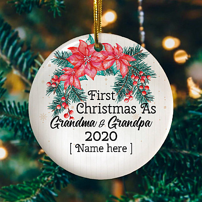 Alternative view of Personalize First Christmas as Grandparents Announcing Pregnancy 2020 Christmas Ornament - Circle Ornament