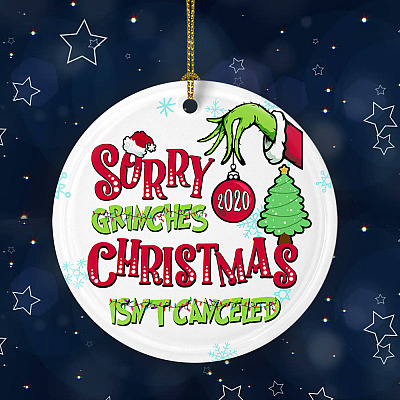 Alternative view of Sorry Grin-ches Christmas Isn't Canceled Circle Ornament - 2020 Funny Green Hand Stole Christmas Tree Decor