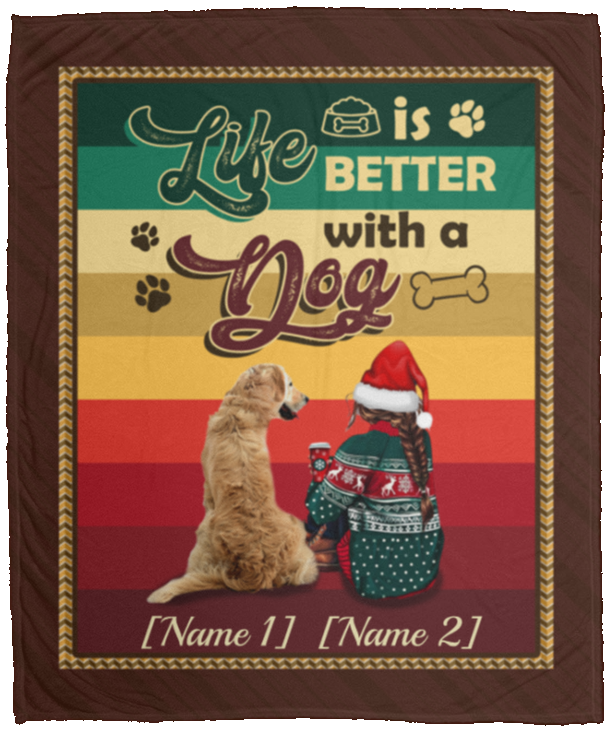 Personalized Life Is Better with a Dog Golden Christmas Fleece Blanket - Mink Sherpa Blanket - Woven Blanket, White, Cozy Plush Fleece Blanket - 50x60