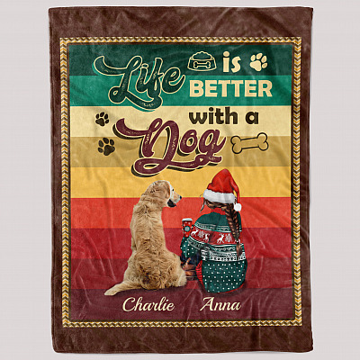 Alternative view of Personalized Life Is Better with a Dog Golden Christmas Fleece Blanket - Mink Sherpa Blanket - Woven Blanket