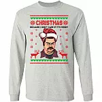 Ron Swanson I Don't Care If It Merry Xmas Funny Parks and Recreation Christmas Ugly Christmas Sweater Long Sleeve, Ash, Long Sleeve