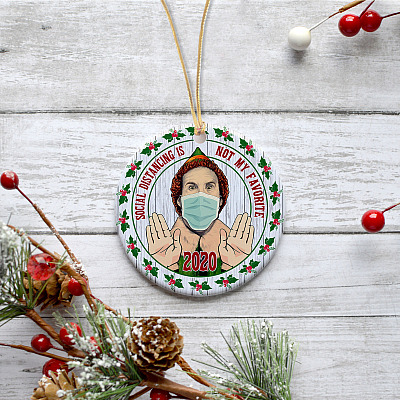 Alternative view of Social Distancing Is Not My Favorite 2020 Funny Elf Wearing Mask Circle Christmas Tree Ornament Keepsake