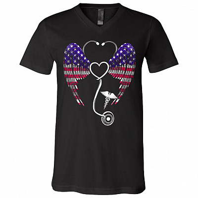 Nursing Stethoscope Wing T-Shirt - Nurse Shirt, Black, V-Neck T-Shirt