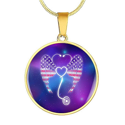 Nursing Stethoscope Wing Circle Pendant Necklace - Circle Luxury Necklace (Gold Plated)
