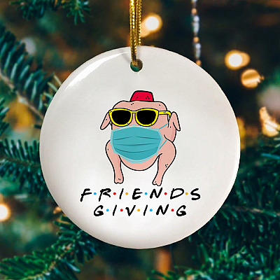 Alternative view of Friendsgiving 2020 Funny Thanksgiving Friends Funny Quarantine Turkey Wearing Mask Holiday Circle Ornament