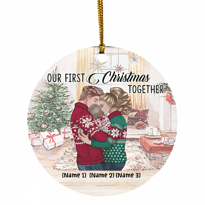 Personalized Our First Christmas Together As A Family Of Three 2020 First Christmas As Mr & Mrs Circle Ornament, White, Circle Ornament