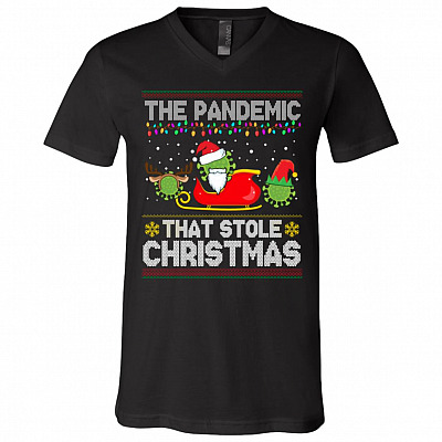 The Pandemic That Stole Christmas Funny Quarantine Christmas 2020 Ugly Christmas Style T-Shirt - V-Neck, Black, V-Neck T-Shirt