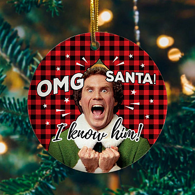 Alternative view of OMG Santa I Know Him Buffalo Plaid Decorative Christmas Ornament - Holiday Flat Circle Ornament - Decoration Gift