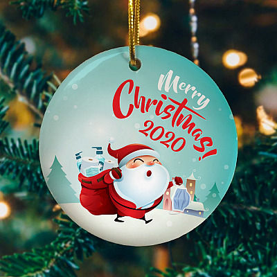 Alternative view of Merry Christmas 2020 Santa Claus With Mask Decorative Christmas Ornament - Holiday Flat Circle Ornament