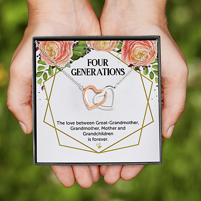 Four Generations Love Thoughtful Quotes Mothers Day Gift Interlocking Heart Pendant Necklace