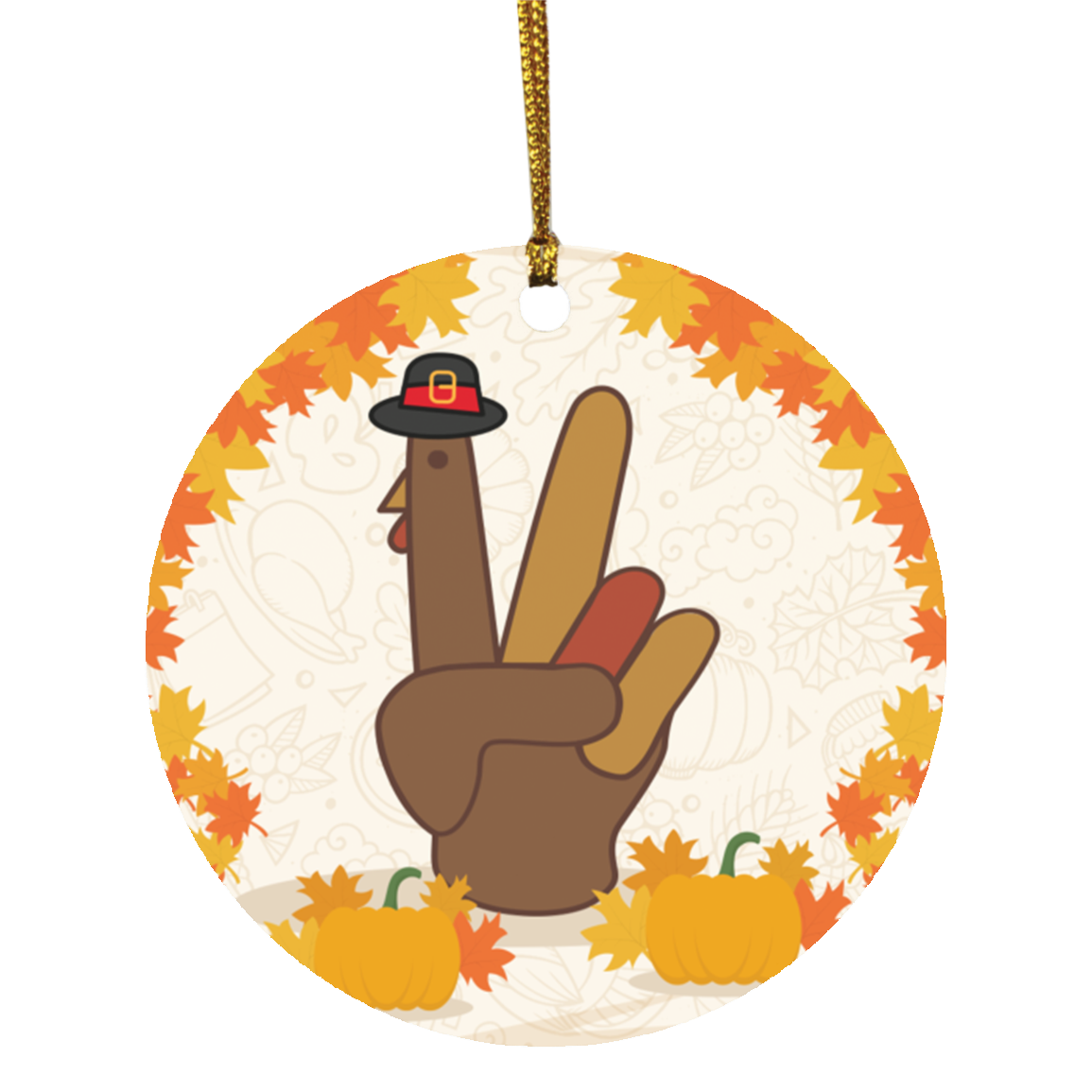 Funny Turkey Hand Sign Thanksgiving Autumn Pumpkin Decorative Christmas Ornament-Holiday Flat Circle Ornament, White, Circle Ornament