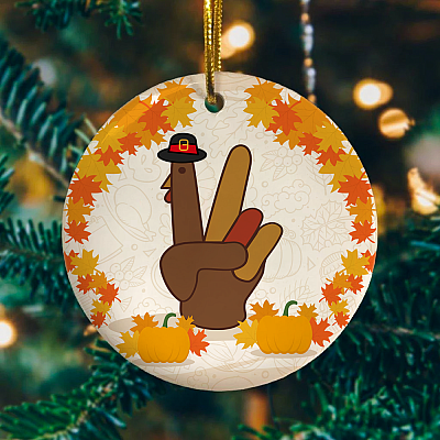 Alternative view of Funny Turkey Hand Sign Thanksgiving Autumn Pumpkin Decorative Christmas Ornament-Holiday Flat Circle Ornament