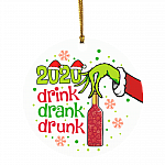 2020 Drink Drank Drunk Green Hand Holding Wine Decorative Christmas Ornament - Holiday Flat Circle Ornament, White, Circle Ornament