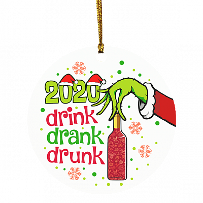2020 Drink Drank Drunk Green Hand Holding Wine Decorative Christmas Ornament - Holiday Flat Circle Ornament, White, Circle Ornament