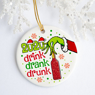 Alternative view of 2020 Drink Drank Drunk Green Hand Holding Wine Decorative Christmas Ornament - Holiday Flat Circle Ornament