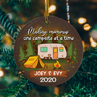 Alternative view of Personalized Making Memories One Campsite At A Time Circle Ornament - Cute Camping Holiday Gift