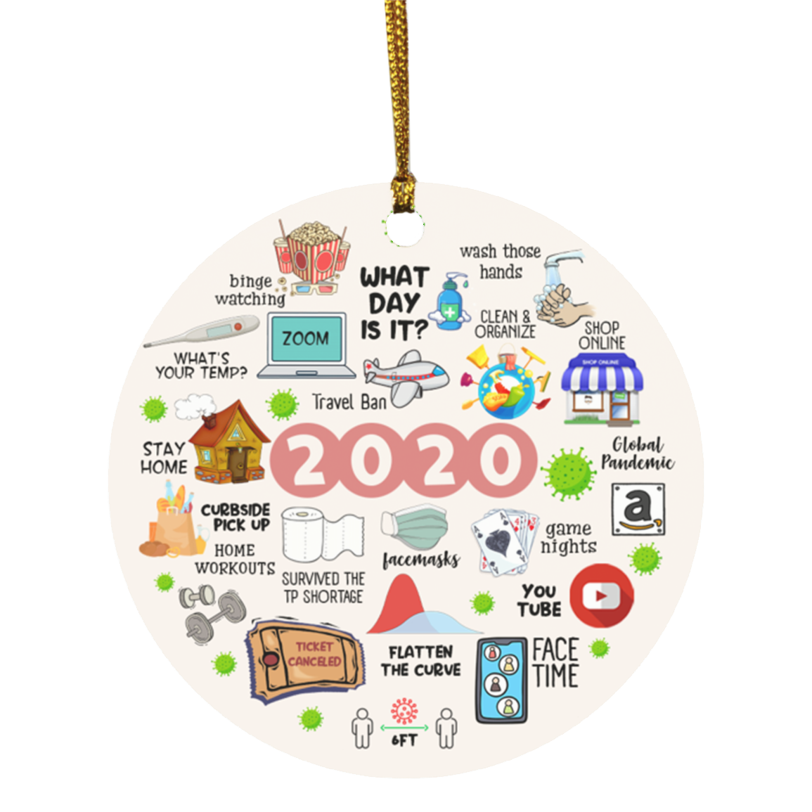 2020 Pandemic Quarantine Circle Christmas Ornament Keepsake - Funny Holiday Flat Ornament For Christmas Tree, White, Circle Ornament