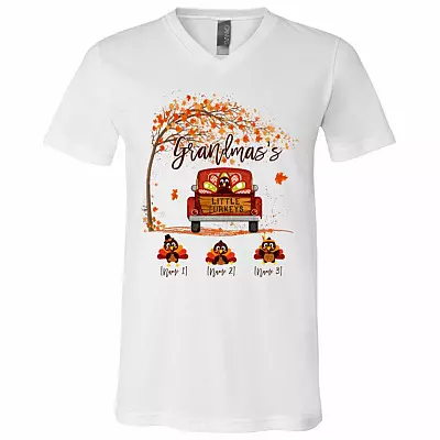 Personalized Grandma's Little Turkey Funny Thanksgiving Turkey Gift for Nana T-Shirt - V Neck, White, V-Neck T-Shirt