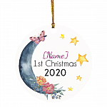 Personalized Baby First Christmas Floral Moon 2020 Circle Ornament - Holiday Baby Decoration Gift, White, Circle Ornament