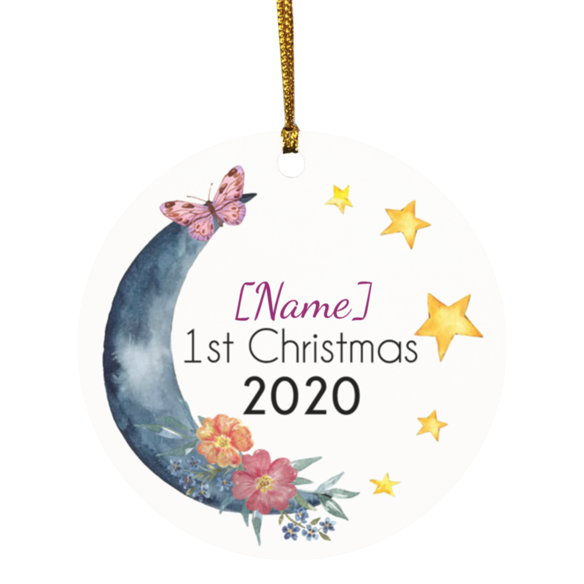 Personalized Baby First Christmas Floral Moon 2020 Circle Ornament - Holiday Baby Decoration Gift, White, Circle Ornament