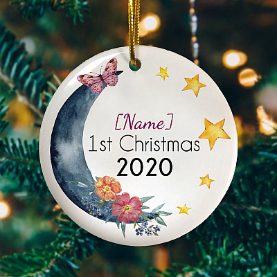 Alternative view of Personalized Baby First Christmas Floral Moon 2020 Circle Ornament - Holiday Baby Decoration Gift