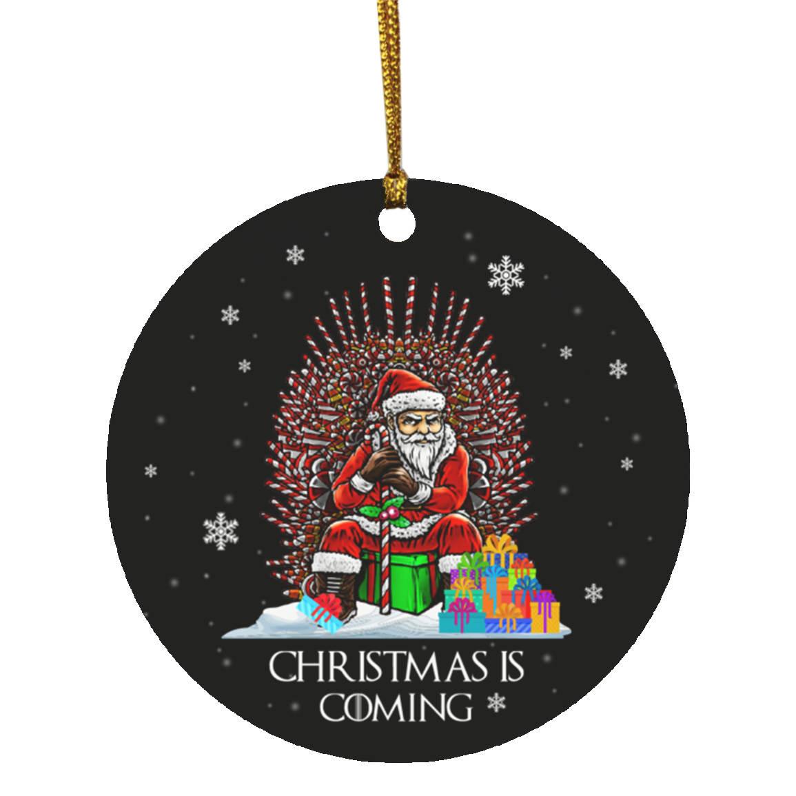 Christmas Is Coming Christmas Ornament - Santa Candy Cane Throne Christmas Ornament - Funny Holiday Gifts, White, Circle Ornament