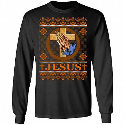 Praying Hands Jesus Christian Ugly Christmas Hoodie - Sweatshirt - Long Sleeve, Black, Long Sleeve