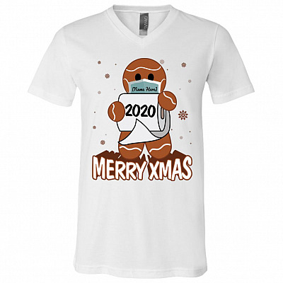 Personalized Gingerbread Man Wear Mask Funny Quarantine Christmas T-Shirt - V-Neck, White, V-Neck T-Shirt