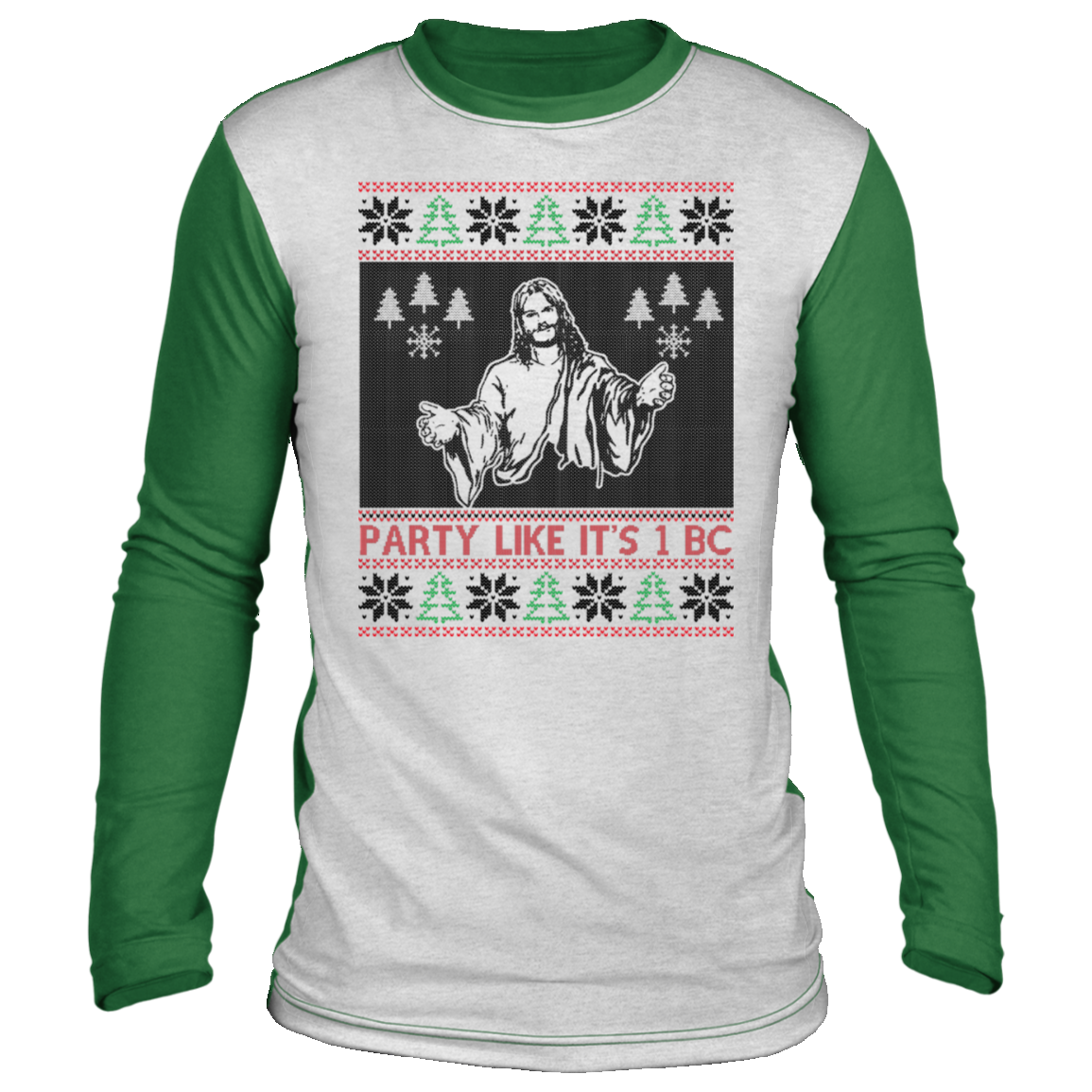 Party Like It's Year 1 Before Christ Happy Birthday Jesus Ugly Sweater, White/Green, Ugly Christmas Sweater
