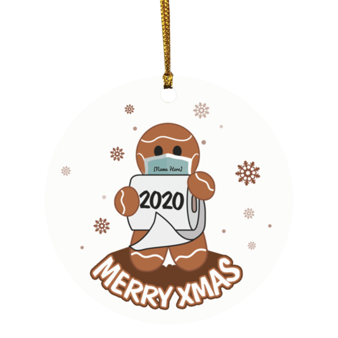 Personalized Gingerbread Man Wear Mask Funny Quarantine Christmas Holiday Flat Circle Ornament Keepsake, White, Circle Ornament