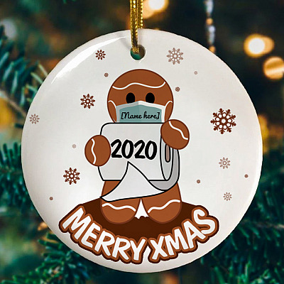 Alternative view of Personalized Gingerbread Man Wear Mask Funny Quarantine Christmas Holiday Flat Circle Ornament Keepsake