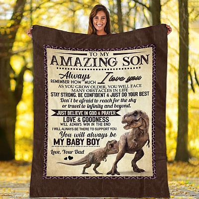 Alternative view of Dad To My Amazing Son Always Remember How Much I Love You Dinosaur Fleece Blanket - Mink Blanket