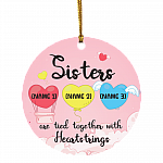 Personalized 3 Hearts Sisters Are Tied Together With Heartstrings Circle Christmas Tree Ornament Keepsake, White, Circle Ornament