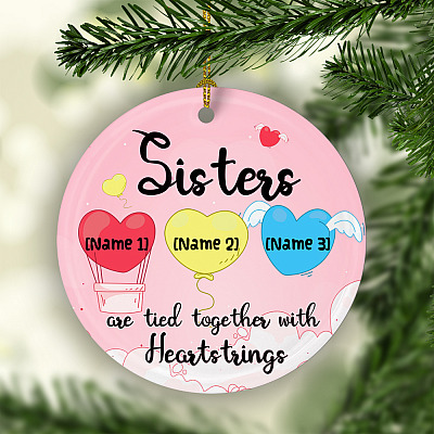 Alternative view of Personalized 3 Hearts Sisters Are Tied Together With Heartstrings Circle Christmas Tree Ornament Keepsake