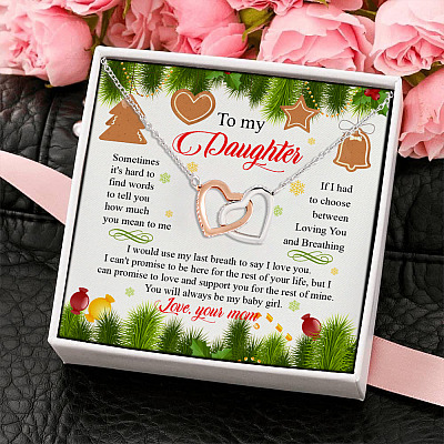 Alternative view of Mom To Daughter Sometimes It's Hard To Find Words To Tell You Christmas Interlocking Hearts Pendant Necklace