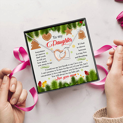 Mom To Daughter Sometimes It's Hard To Find Words To Tell You Christmas Interlocking Hearts Pendant Necklace