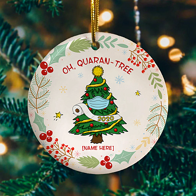 Alternative view of Oh Quaran-Tree Personalized Quarantine Family 2020 Christmas Ornament - Holiday Flat Circle Ornament